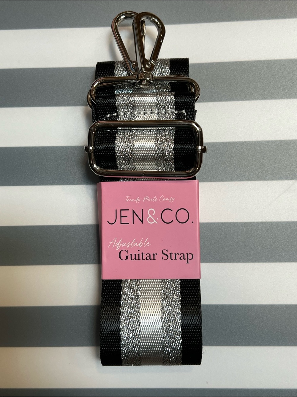 JEN & CO. Adjustable Guitar Strap in Black and Silver Shimmer